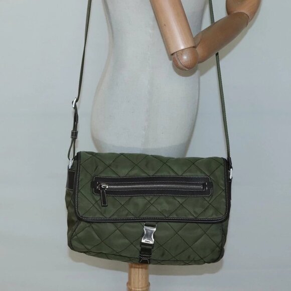 PRADA Shoulder Bag Nylon Khaki Silver Auth - Picture 1 of 16